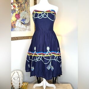 Anthropologie Wakana Kaike Cotton Strapless Dress Nautical Rope Print Tassel Hem